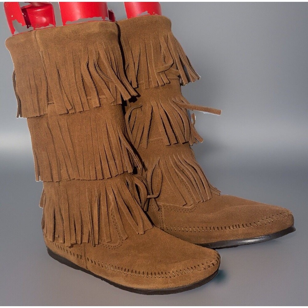 New Minnetonka 3 Layer Fringe Moccasin Boots Tall Suede Sz 9